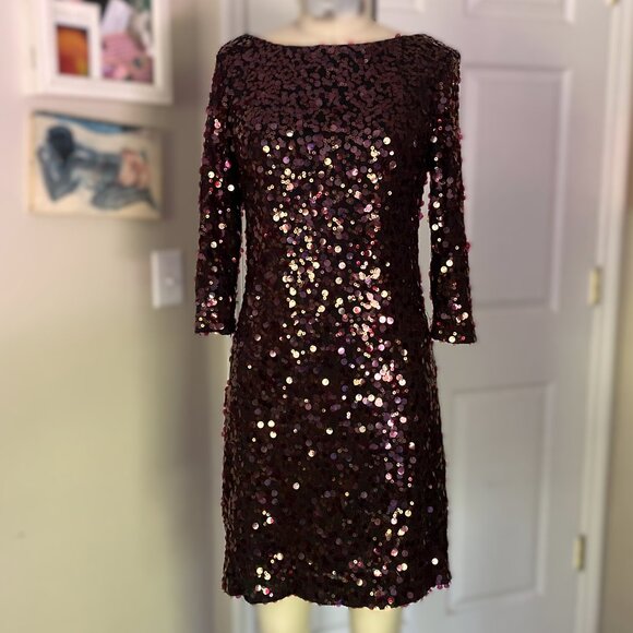JESSICA SIMPSON Bronze sequined 3/4 sleeve Mini Cocktail Dress *SIZE 6* - Picture 2 of 7